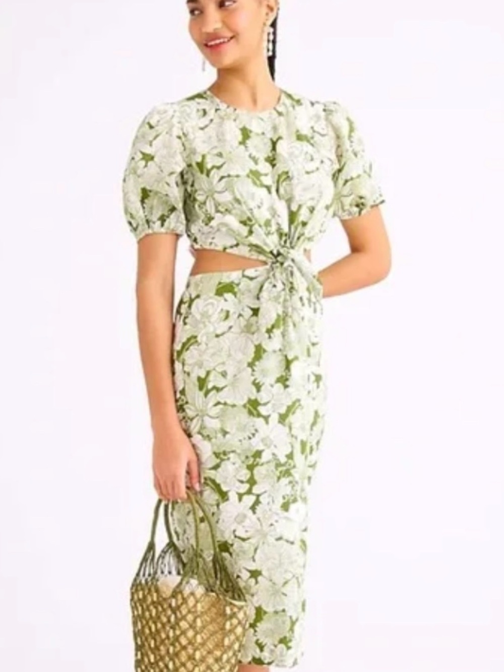 J. Crew Olive Green and White Floral Tie-Front Midi Dress